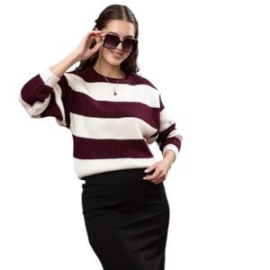 Wear lusso Women’s 100% Wool Color Block Stripe Full Sleeve Round Neck Pullover Sweater | Winter Season Fashion