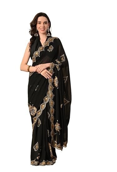 THE WEAVERS SHOP BY RAAVI Pure Georgette Black Saree With Attached Blouse Piece