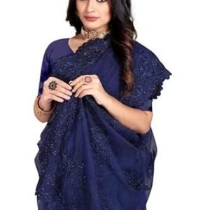 Manu Fashion Era Navy Blue Zari Moti Stone Embroidered Border Net Wedding Saree Sari For Women and Girls With Matching Blouse Piece
