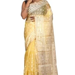 Bengal looms India Silk Saree Traditional Needle Karat Nakashi Work Saree for Women Dhakai Jamdani with Blouse Piece in Pastel Yellow & Off White Rich Texture Smooth Finish Indian Sari for Festivals