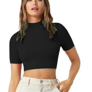 Dream Beauty Fashion Women's High/Turtle Neck Short Sleeves Stylish Casual Crop Top, 17 Inches