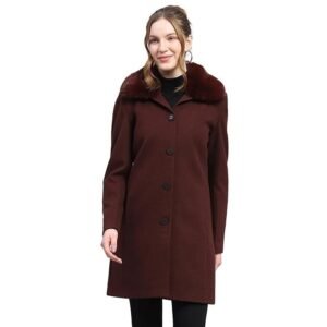 Monte Carlo Womens Wool Blend Hip Length Self Design Wine Notched Lapel Full Sleeve Coat