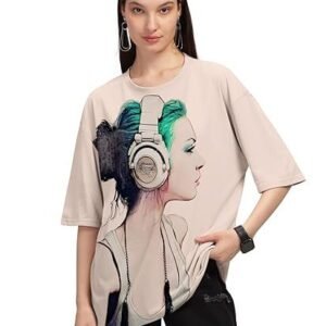 HELLCAT Beige Trendy Printed Oversized T-Shirt for Women