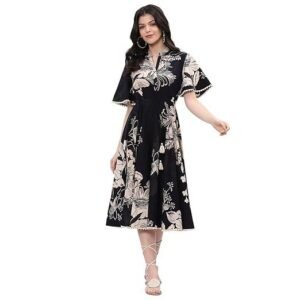 Women Casual Below The Knee Cotton Flared Printed Dress
