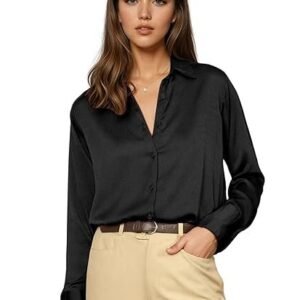Aahwan Women Satin Regular Fit Solid Button Up Drop Shoulder Officewear Casual Formal Long Sleeve Shirt