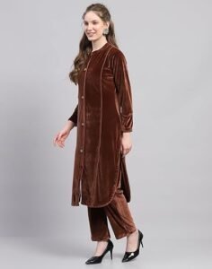 Monte Carlo Womens Self Design Round Neck Wool Blend Kurti Set Blue