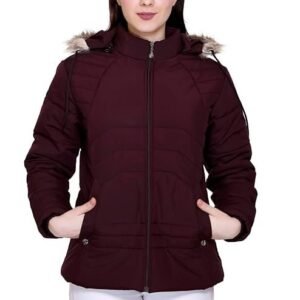 Winter Puffer Jacket with Faux Fur Hood, Quilted, Full Zip, Burgundy