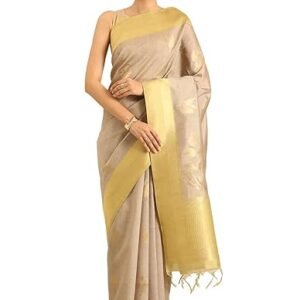 TAASHI Tussar Saree Elegant Zari Leaf Motifs Dusty Pink Zari Border Leaf And Geometric Woven Pallu