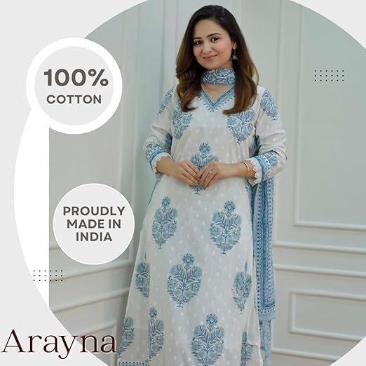 Arayna Women's Cotton Printed Floral Straight Kurta with Palazzo Pants and Dupatta - Image 3