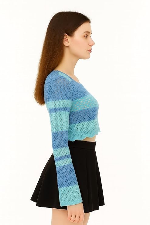 ICW Women's Korean Style Knitted Sheer Crochet Long Sleeve Hollow Out Colour Block Print Crop Top T-Shirt Sweater (One Size Fit XS-S-M Bust 32-36 Inch) 29 - Image 5