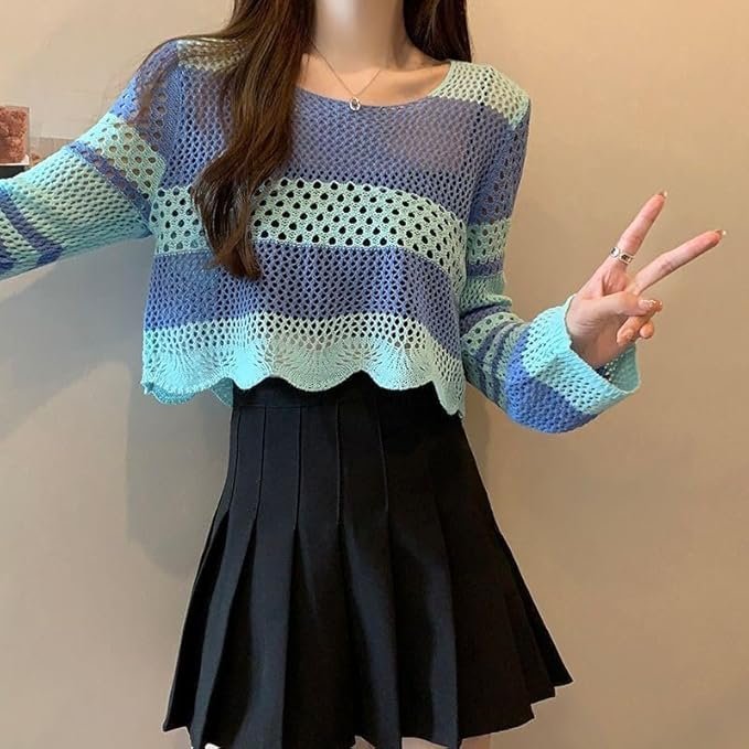 ICW Women's Korean Style Knitted Sheer Crochet Long Sleeve Hollow Out Colour Block Print Crop Top T-Shirt Sweater (One Size Fit XS-S-M Bust 32-36 Inch) 29 - Image 2