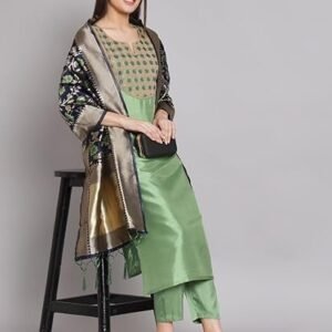 VredeVogel Women's Cotton Silk Blend Kurta Pant Set with Banarasi Silk Dupatta