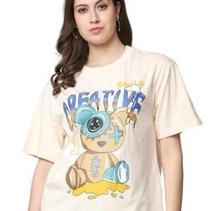 Fabflee Pure Cotton Oversized Baggy Fit Drop Shoulder Latest Aesthetic & Cool Graphic Printed Half Sleeve Tshirt for Women |Trendy Tees |Casual Loose Korean T-Shirt