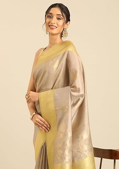 TAASHI Tussar Saree Elegant Zari Leaf Motifs Dusty Pink Zari Border Leaf And Geometric Woven Pallu - Image 3