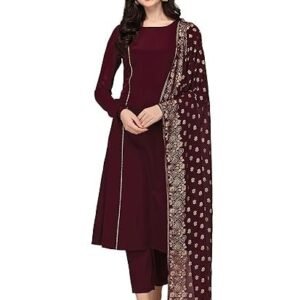 FIORRA Women's Maroon Poly Crepe A-Line Kurta Set With Dupatta
