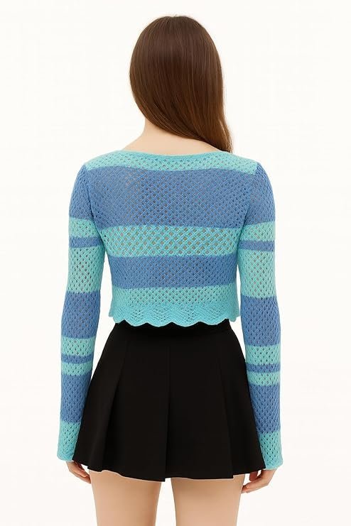 ICW Women's Korean Style Knitted Sheer Crochet Long Sleeve Hollow Out Colour Block Print Crop Top T-Shirt Sweater (One Size Fit XS-S-M Bust 32-36 Inch) 29 - Image 6