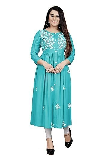 Women's Rayon Flared Embroidery Kurti Under 599 Designer Attractive Look Women's Kurta - Image 2