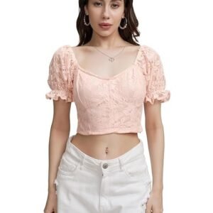 Women's Self Design Print Crop Top | Square Neck | Bishop Sleeves | Chic & Feminine | Tops for Woman | Women Tops | Women Crop Top