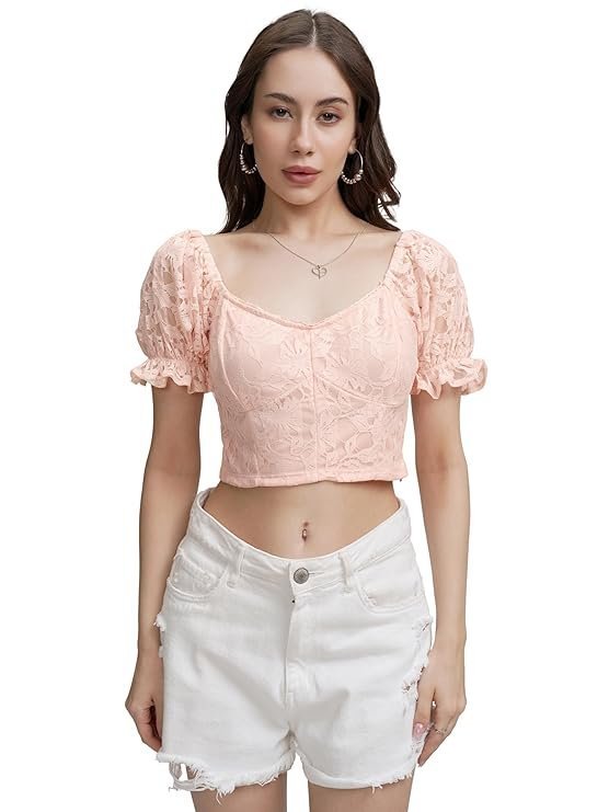 Women's Self Design Print Crop Top | Square Neck | Bishop Sleeves | Chic & Feminine | Tops for Woman | Women Tops | Women Crop Top