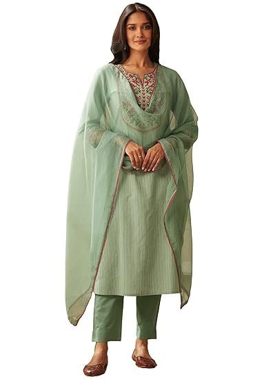 GoSriKi Women's Cotton Blend Embroidered Straight Kurta with Pant & Dupatta