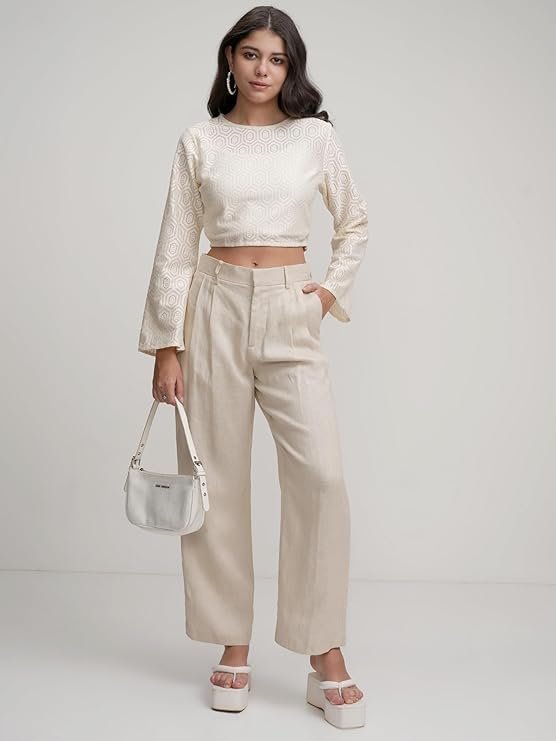 Tokyo Talkies Women's Bell Sleeve Crop Crochet Top | Closed Round Neck | Chic & Bohemian | Perfect for Festivals, Vacations & Casual Outings | Tops for Woman | Women Tops | Women Crop Top - Image 6