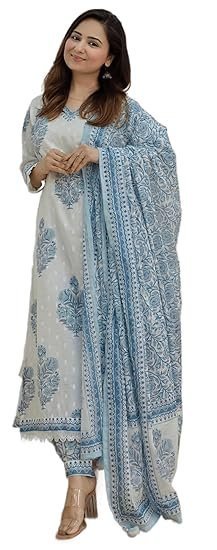 Arayna Women's Cotton Printed Floral Straight Kurta with Palazzo Pants and Dupatta - Image 2