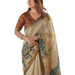 SIRIL Women's Cotton Linen Printed Handloom Saree with Unstitched Blouse Piece