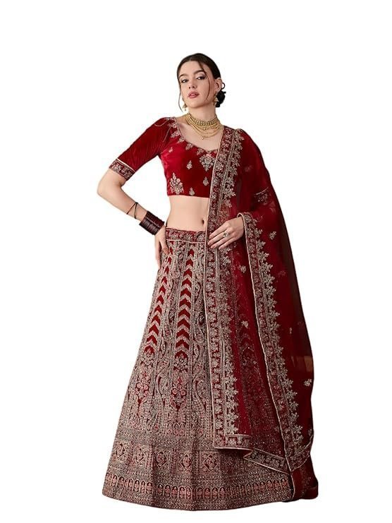 Women'S Maroon Semi-Stiched Heavy Zari Embroidery Velvet Lehenga Choli (MRSSKTVVH7734)