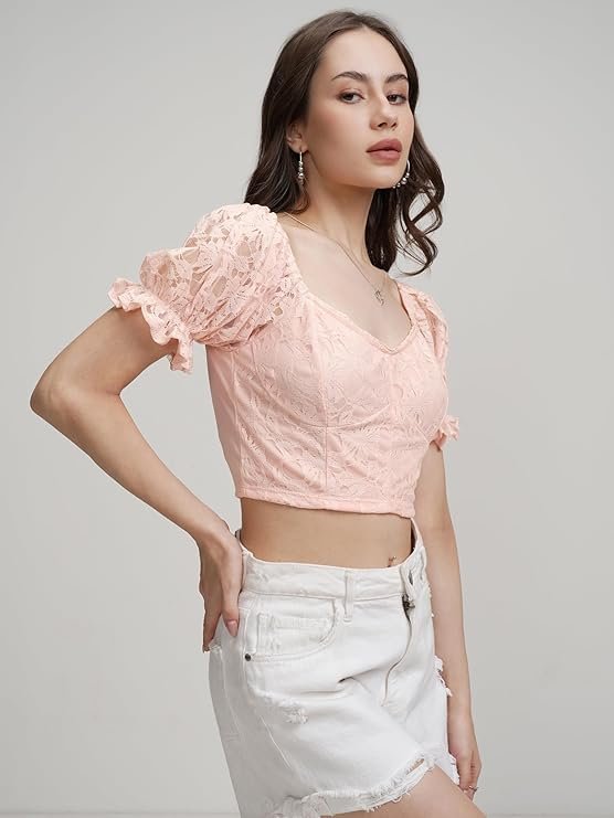 Women's Self Design Print Crop Top | Square Neck | Bishop Sleeves | Chic & Feminine | Tops for Woman | Women Tops | Women Crop Top - Image 4