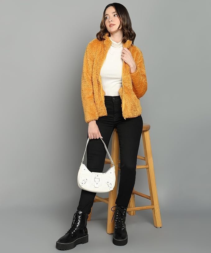 Alan Jones Clothing Women’s Fluffy Yarn Fleece Full-Zip Jacket | Soft Lightweight Warm Outerwear with Stand Collar & Piping at Hem & Cuffs - Image 5