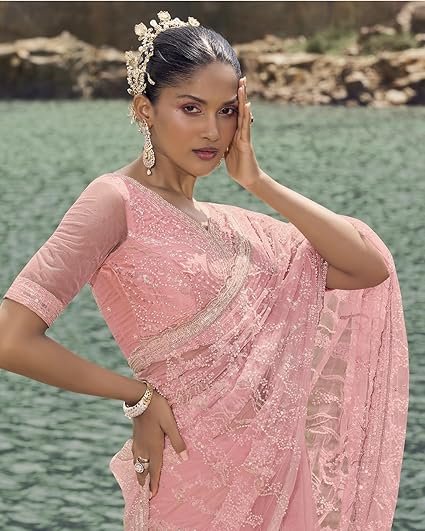 Suha Womens Net Saree | Women's Traditional Ethnic Wear Saree With Attach Unstitch Blouse Piece - Image 3