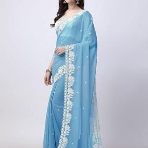 HESVI Women's Georgette Embroidery Border Work Saree with Blouse Piece