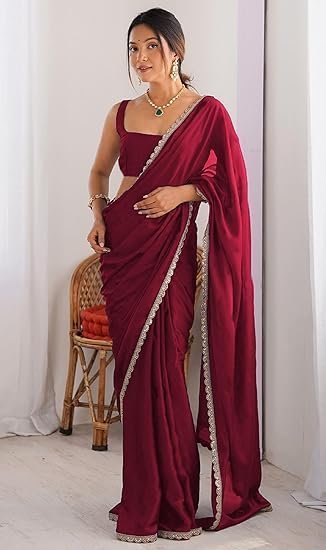 SHOPAZ Ready To Wear Saree For Women Maroon Georgette One Minute Readymade Stitched Scalloped Border Lace With Unstitched Blouse - Image 3