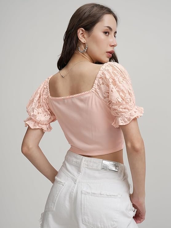 Women's Self Design Print Crop Top | Square Neck | Bishop Sleeves | Chic & Feminine | Tops for Woman | Women Tops | Women Crop Top - Image 2