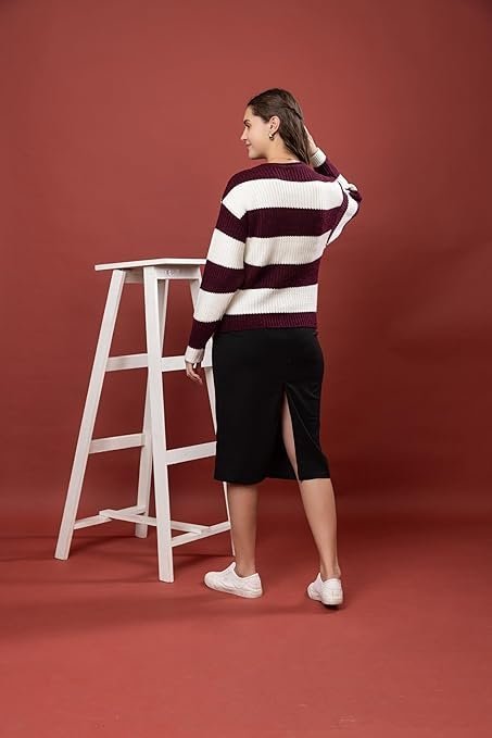 Wear lusso Women’s 100% Wool Color Block Stripe Full Sleeve Round Neck Pullover Sweater | Winter Season Fashion - Image 6