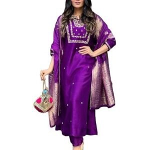GoSriKi Women's Silk Blend Straight Embroidered Kurta with Pant & Dupatta