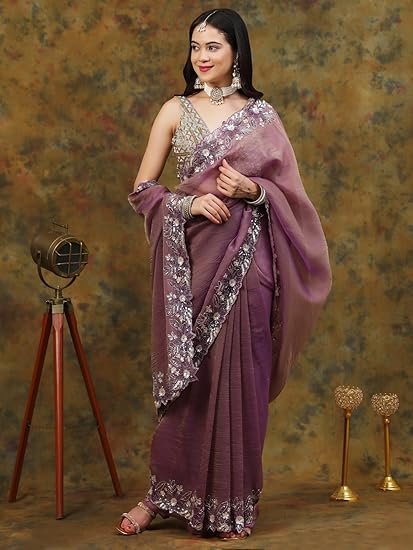 Dress & Dazzle Women’s Dusty Mauve Crepe Organza Saree with Sequins & Cutdana Embellished Border and Pallu - Image 5