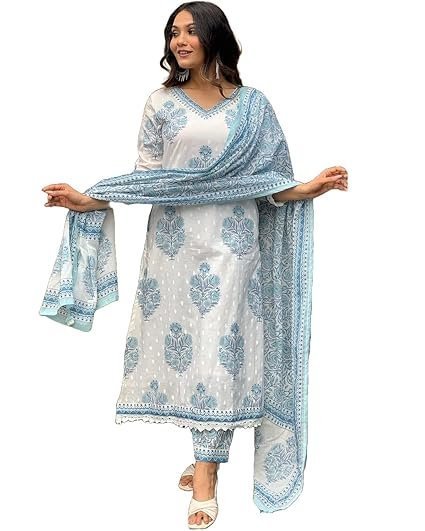 Nermosa Women Cotton Block Printed Kurta Pant With Dupatta - Image 3