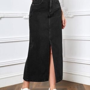 Aahwan Women's & Girl's Solid High Waist Slit Below The Knee Denim Skirt