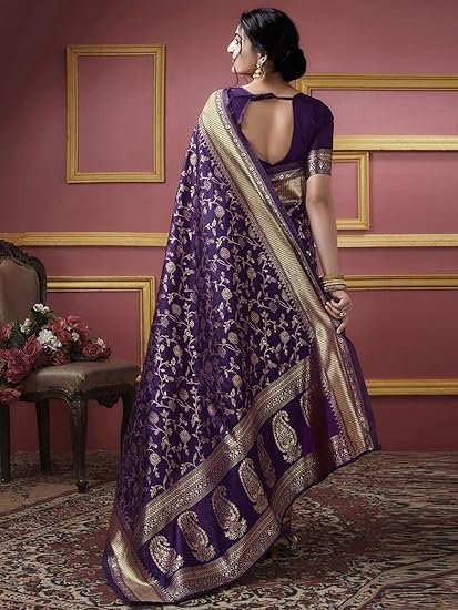 ETHNICHITZ women's Banarasi Saree Pure Kanjivaram Silk Saree Soft new ladies Design Wear Pattu Sarees Latest Cotton Party Sari collections With Blouse Piece for Wedding sadi - Image 4