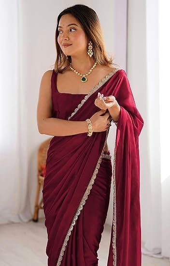 SHOPAZ Ready To Wear Saree For Women Maroon Georgette One Minute Readymade Stitched Scalloped Border Lace With Unstitched Blouse - Image 2