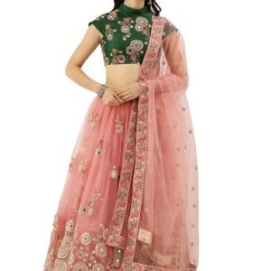 Divine International Trading Co Women's Net Embroidered Semi-Stitched Lehenga Choli with Dupatta (Peach-Wedding-Girlish-Latest-Lehenga; Free Size;7315)