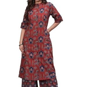 rytras Women's Pure Cotton Printed A-Line Kurta Set with Palazzo Pants - Ethnic Wear, Maroon