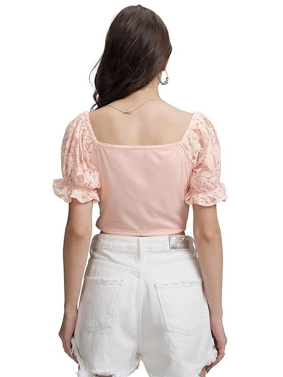 Women's Self Design Print Crop Top | Square Neck | Bishop Sleeves | Chic & Feminine | Tops for Woman | Women Tops | Women Crop Top - Image 5