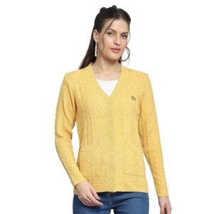 Monte Carlo Womens Self Design Yellow V Neck Full Sleeve Cardigan_1243555VN-2454