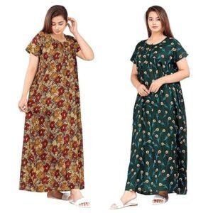 Nighty for Women |Cotton Printed Maxi Gown Ankle Length Nighty| Night Dress Gown for Women Maxi - Free Size (Pack of 2)