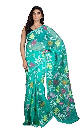Bengal looms India - Jangla Jaal Work Muslin Dhakai Jamdani Silk Saree for Women