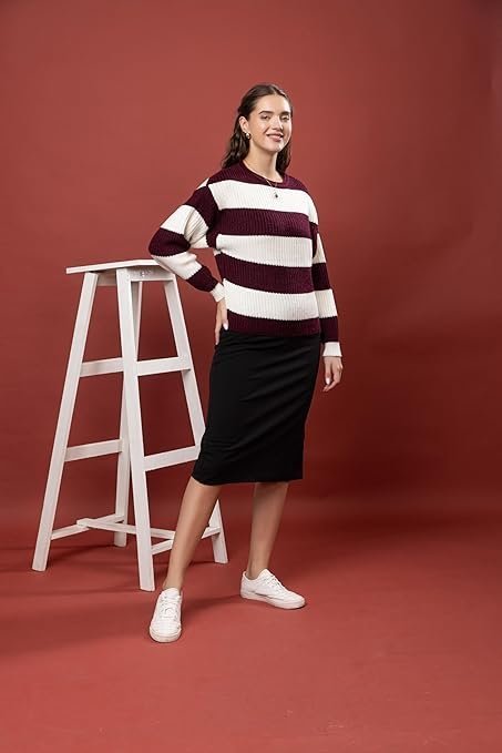 Wear lusso Women’s 100% Wool Color Block Stripe Full Sleeve Round Neck Pullover Sweater | Winter Season Fashion - Image 4