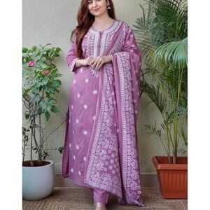 Women's 3/4 Sleeves Cotton Sulb Embroidered Work Kurti with Matching Pant & Embroidered Dupatta Set