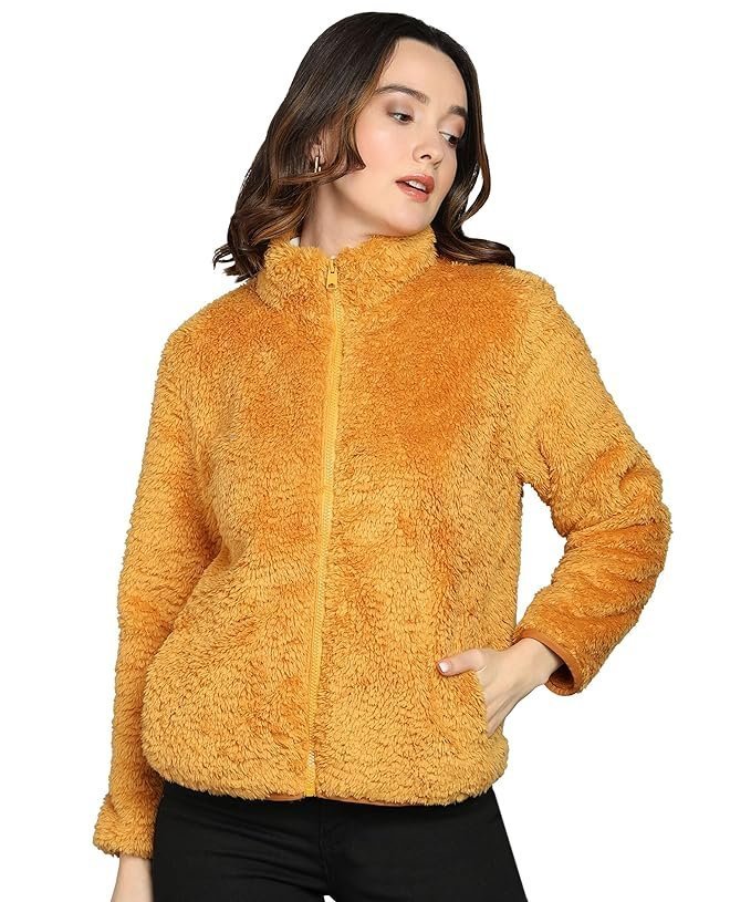 Alan Jones Clothing Women’s Fluffy Yarn Fleece Full-Zip Jacket | Soft Lightweight Warm Outerwear with Stand Collar & Piping at Hem & Cuffs